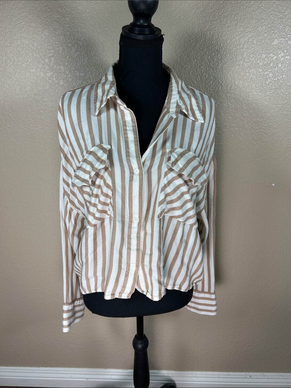 Express Brown & White Striped Double Pocket Crop Shirt XL